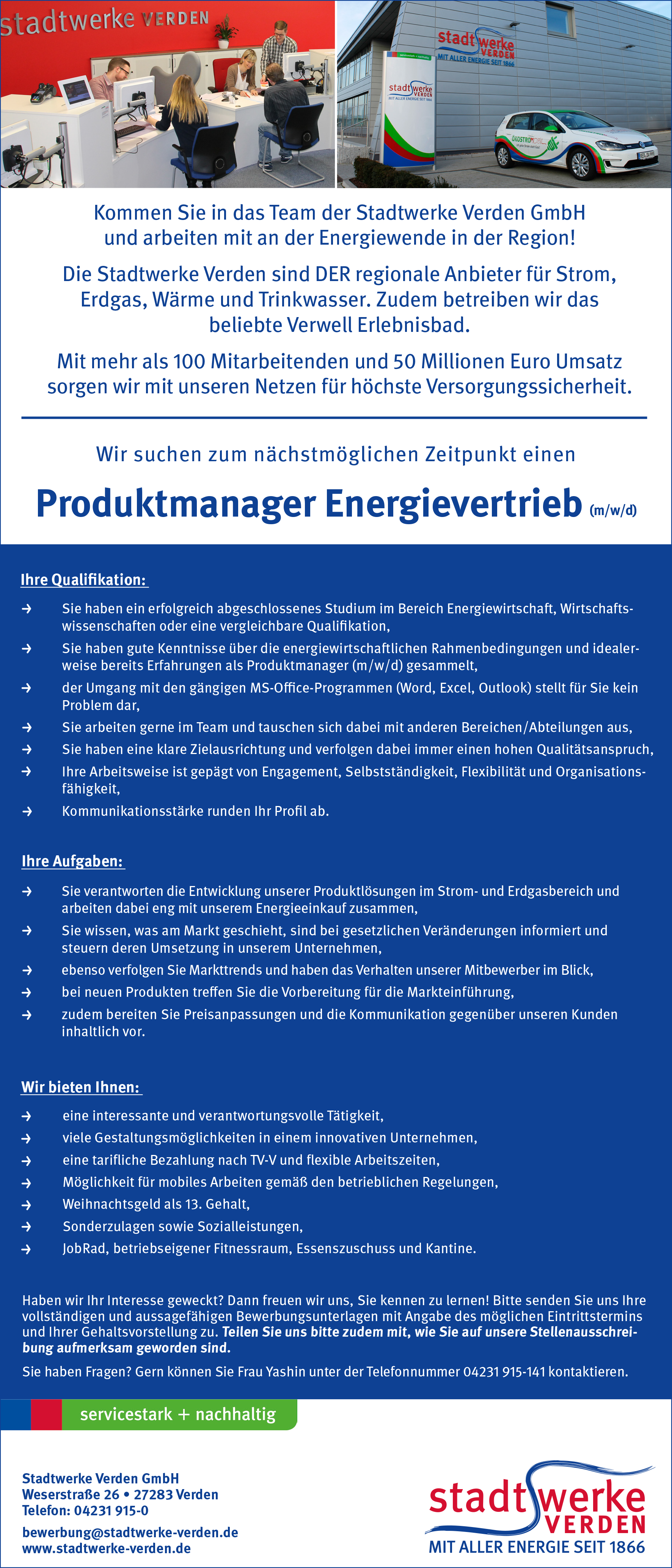 Stadtwerke Verden Stellenanzeige Produktmanager Energievertrieb April 2024