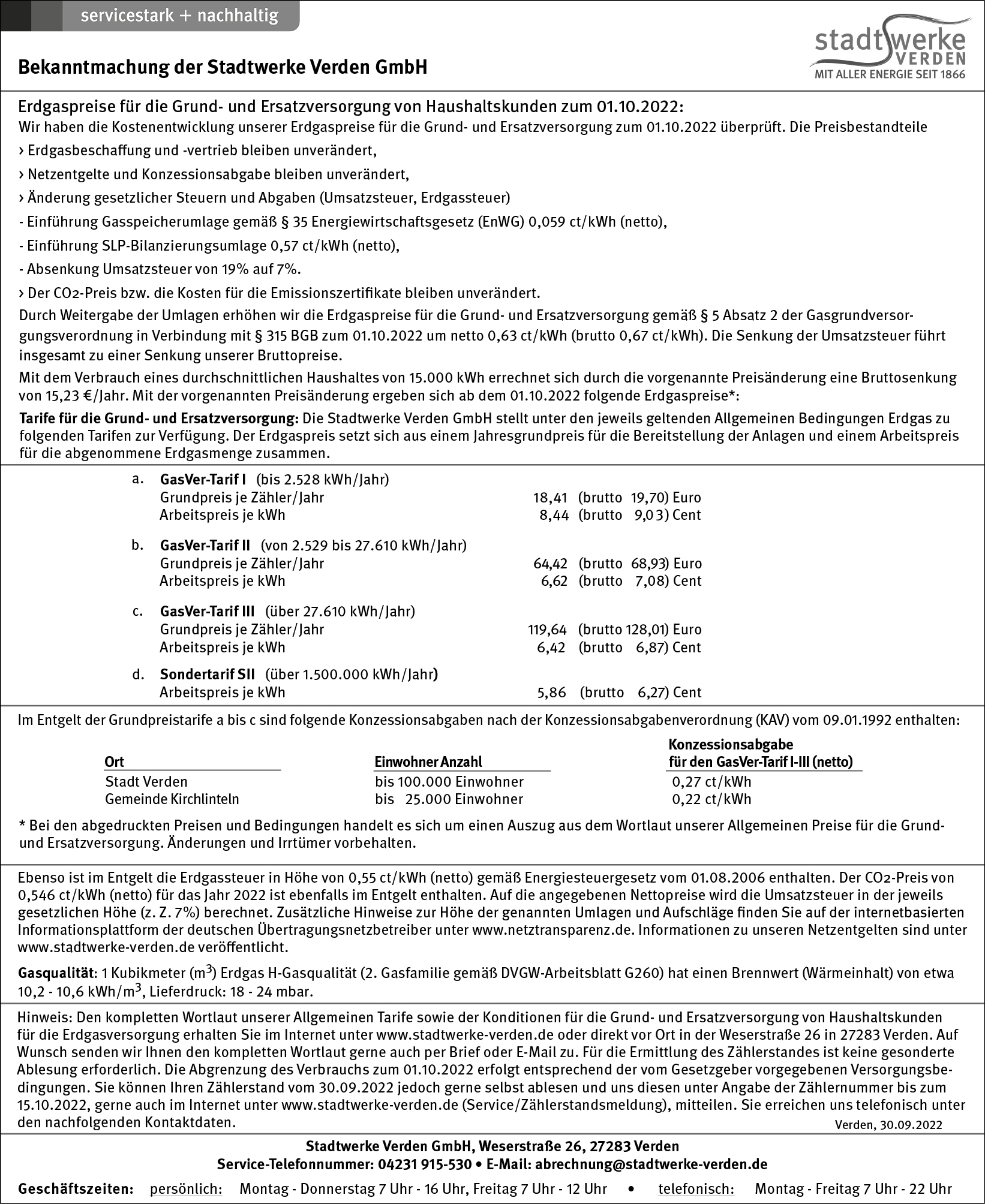 Stadtwerke Verden Erdgaspreiserhöhung zum 01.10.22 7MwSt. neu