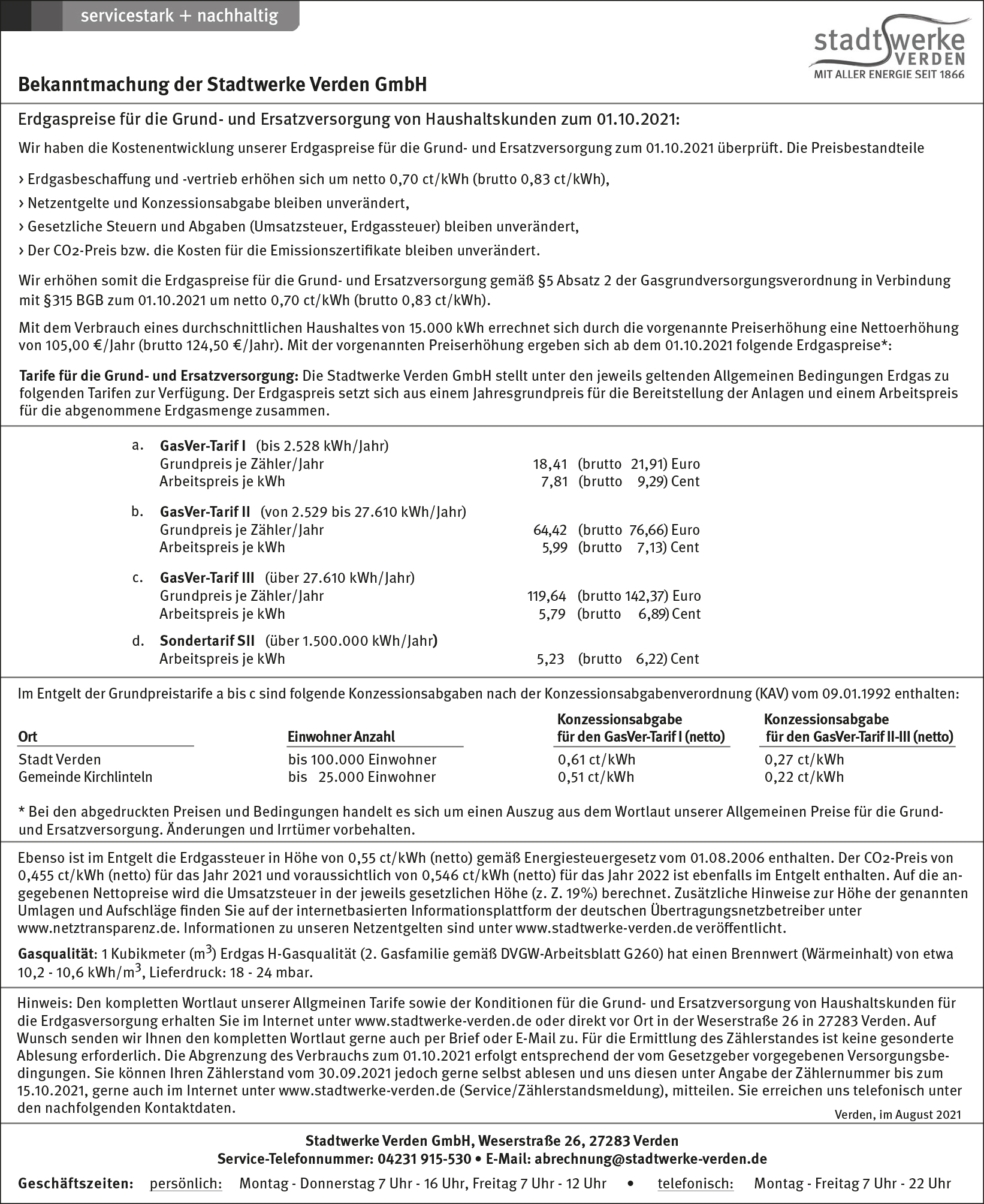 Stadtwerke Verden Erdgaspreiserhöhung zum 01
