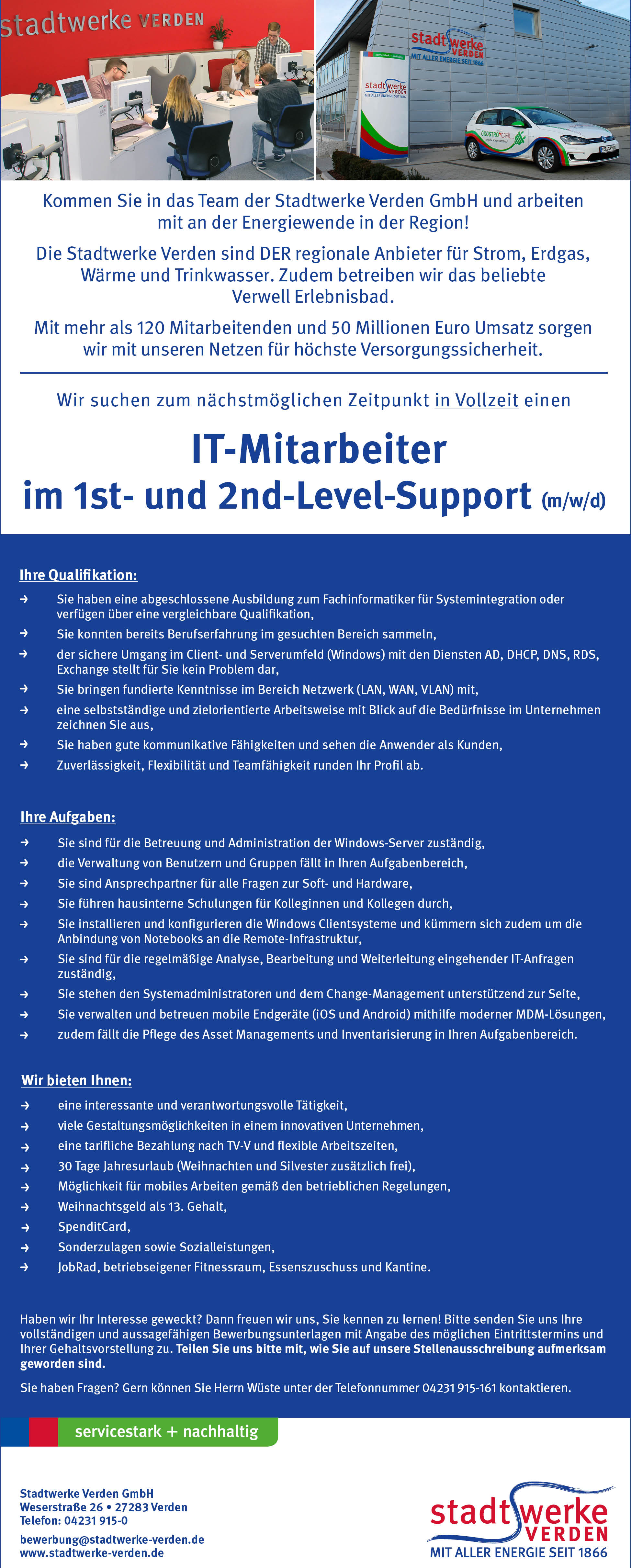 Stadtwerke Verden Stellenanzeige ITMitarbeiter April 2025