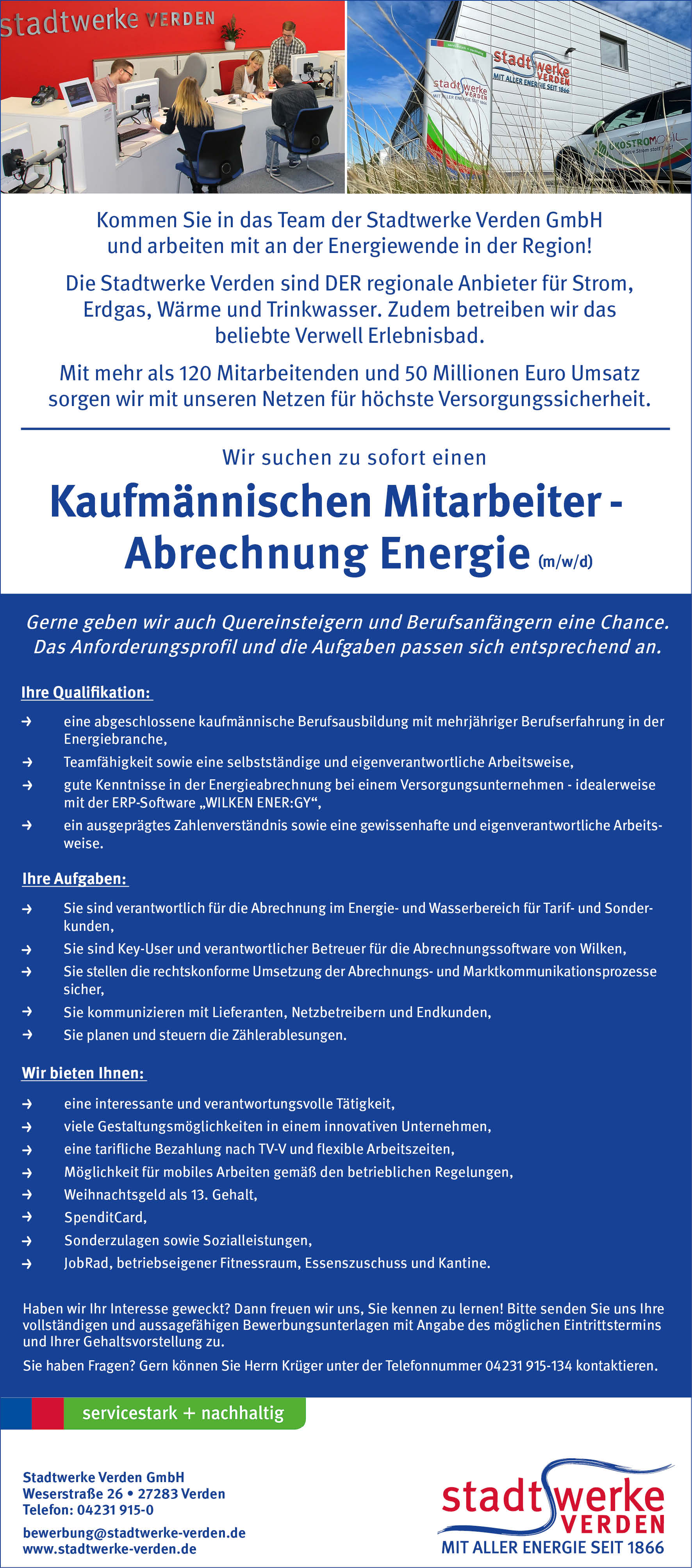 Stadtwerke Verden Stellenanzeige Kfm. Mitarbeiter Abrechnung Energie Oktober 2025