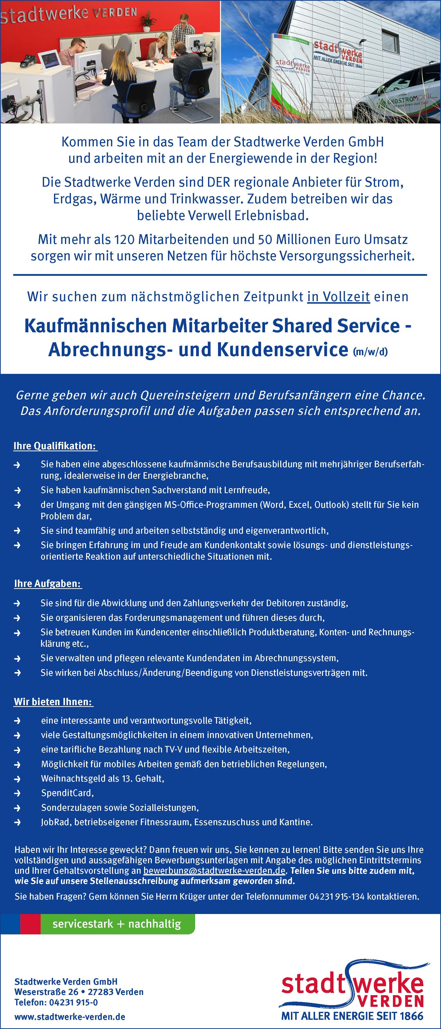 Stadtwerke Verden Stellenanzeige Kfm. Mitarbeiter Shared Service Abrechnung und Kundenservice Juli 2025 jpg