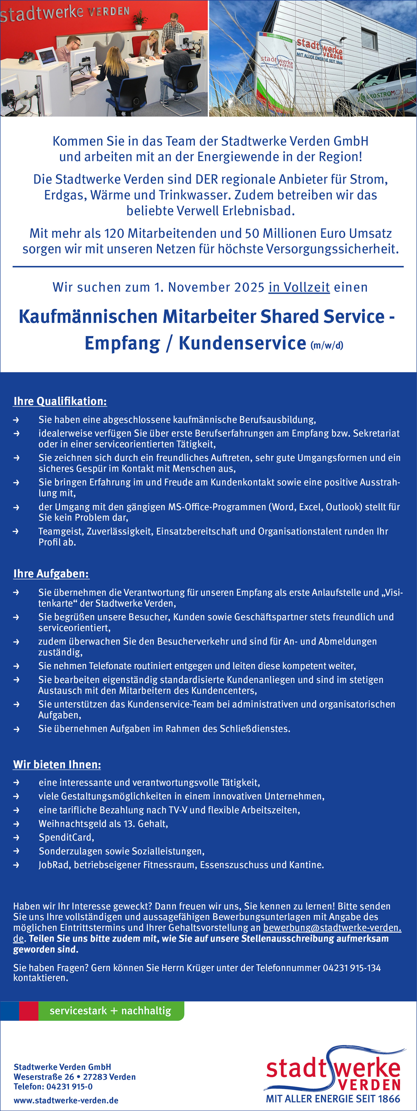 Stadtwerke Verden Stellenanzeige Kfm. Mitarbeiter Shared Service Empfang Kundenservice August 2025