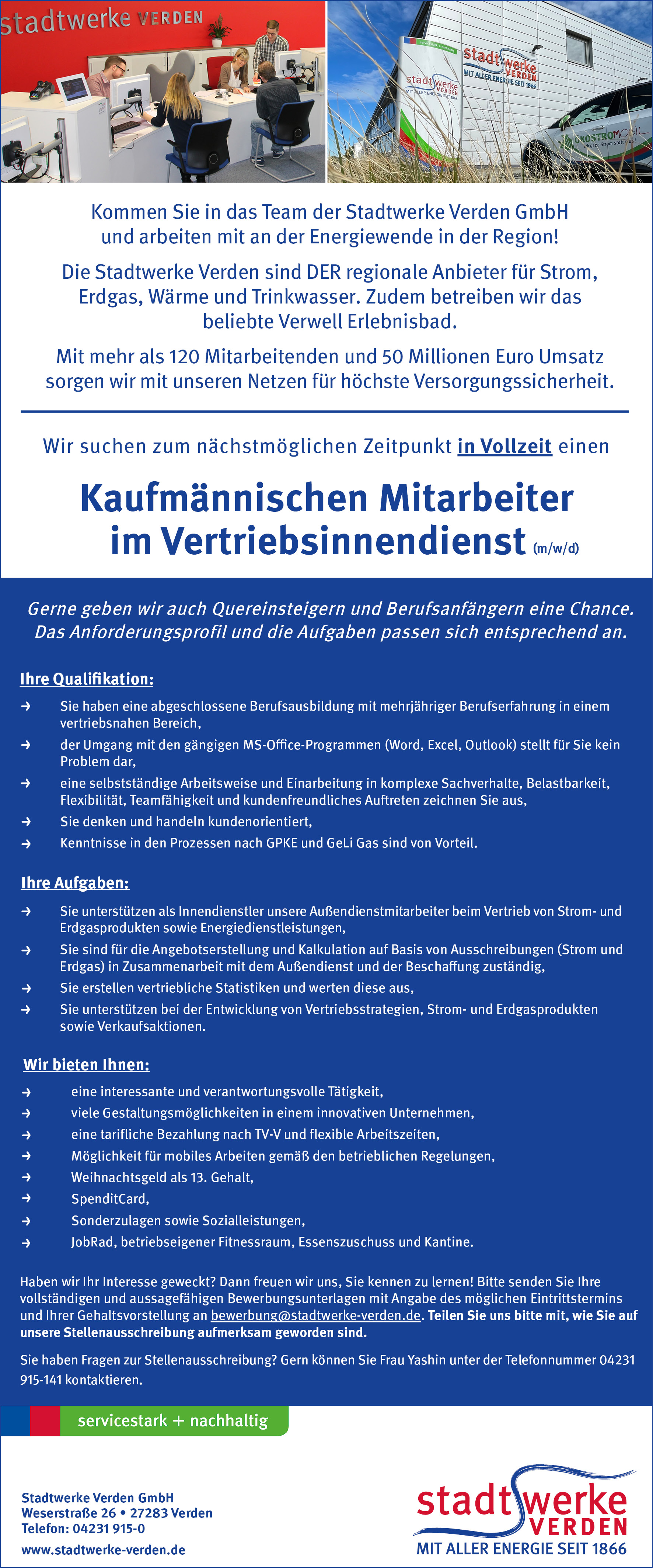 Stadtwerke Verden Stellenanzeige Kfm. Mitarbeiter im Vertriebsinnendienst Juli2025