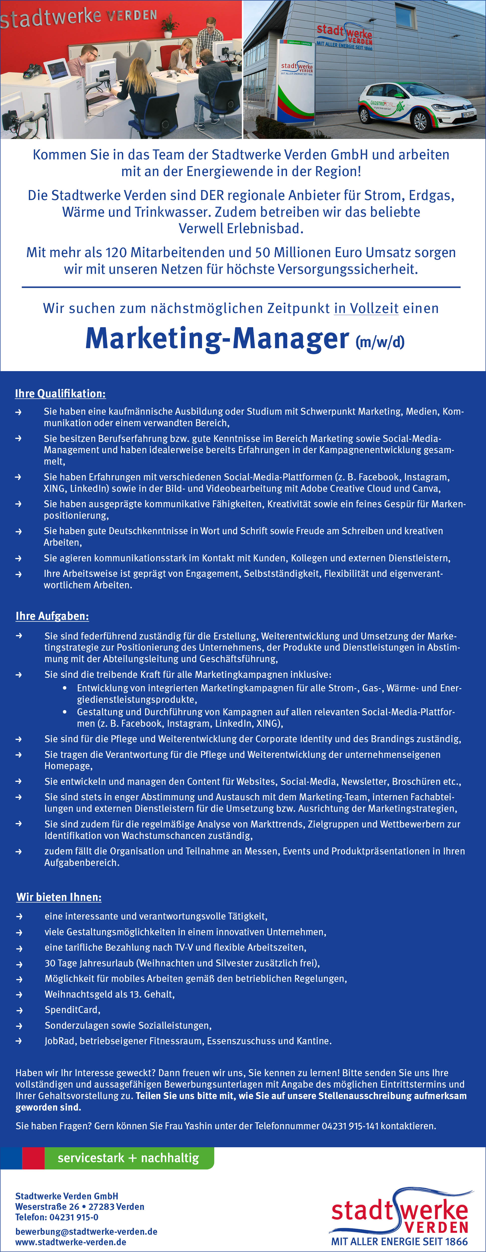 Stadtwerke Verden Stellenanzeige Marketing Manager April 2025