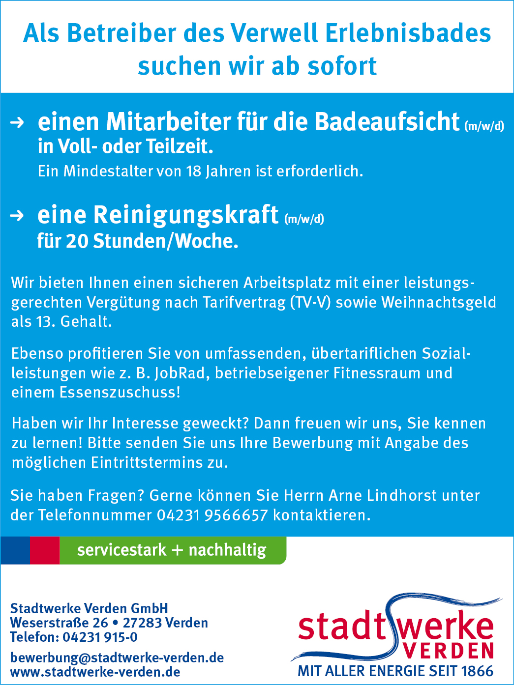 Stadtwerke Verden Stellenanzeige Mitarbeiter Badeaufsicht und Reinigungskraft Allerdings September 2023