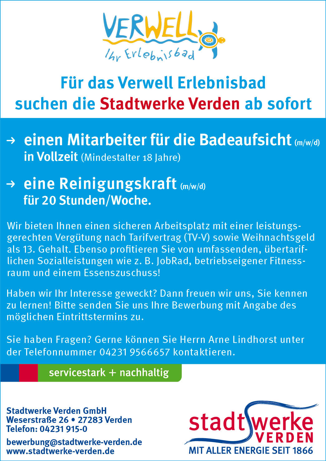Stadtwerke Verden Stellenanzeige Mitarbeiter Badeaufsicht und Reinigungskraft VAZ Juni