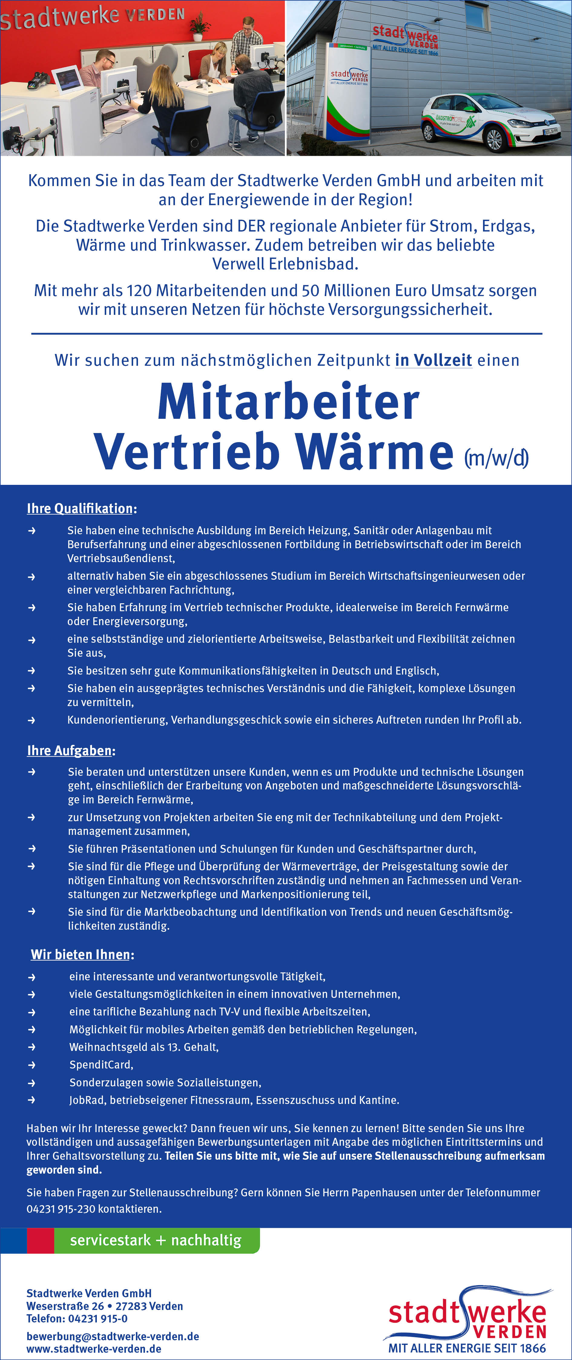 Stadtwerke Verden Stellenanzeige Mitarbeiter Vertrieb Wärme April 2025
