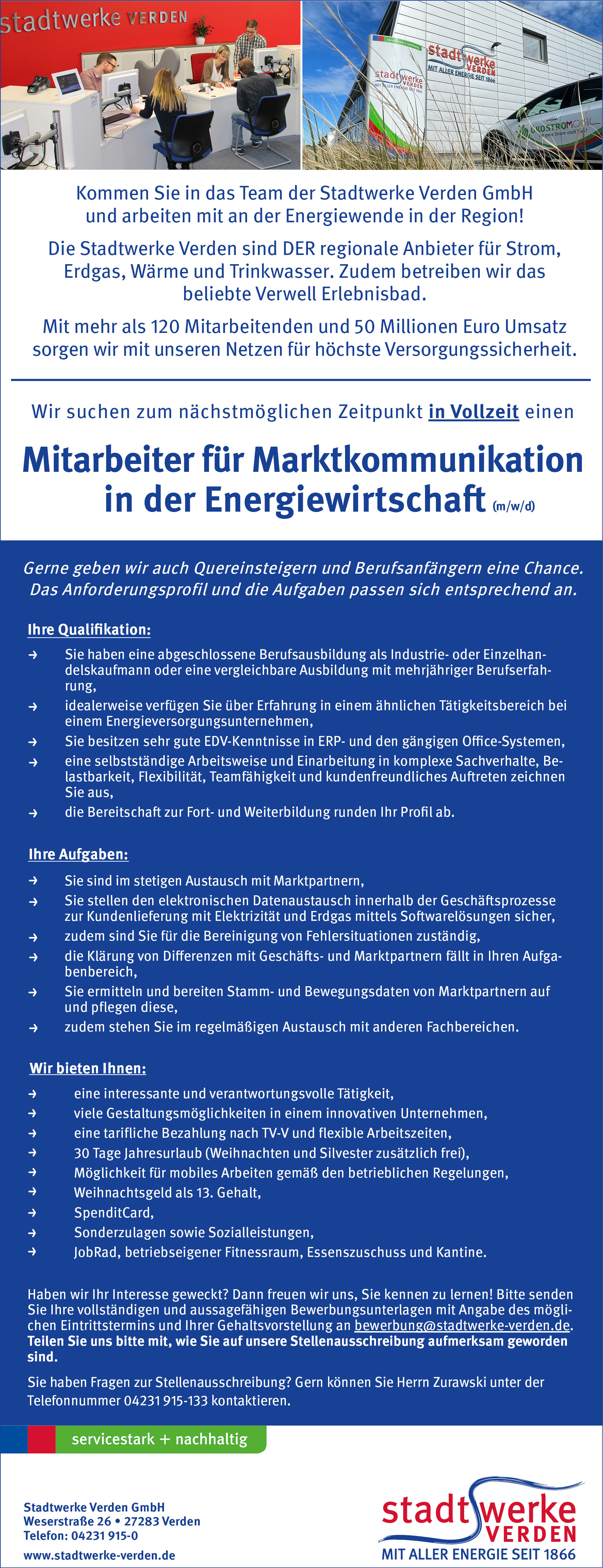 Stadtwerke Verden Stellenanzeige Mitarbeiter für Marktkommunikation in der Energiewirtschaft Juli2025