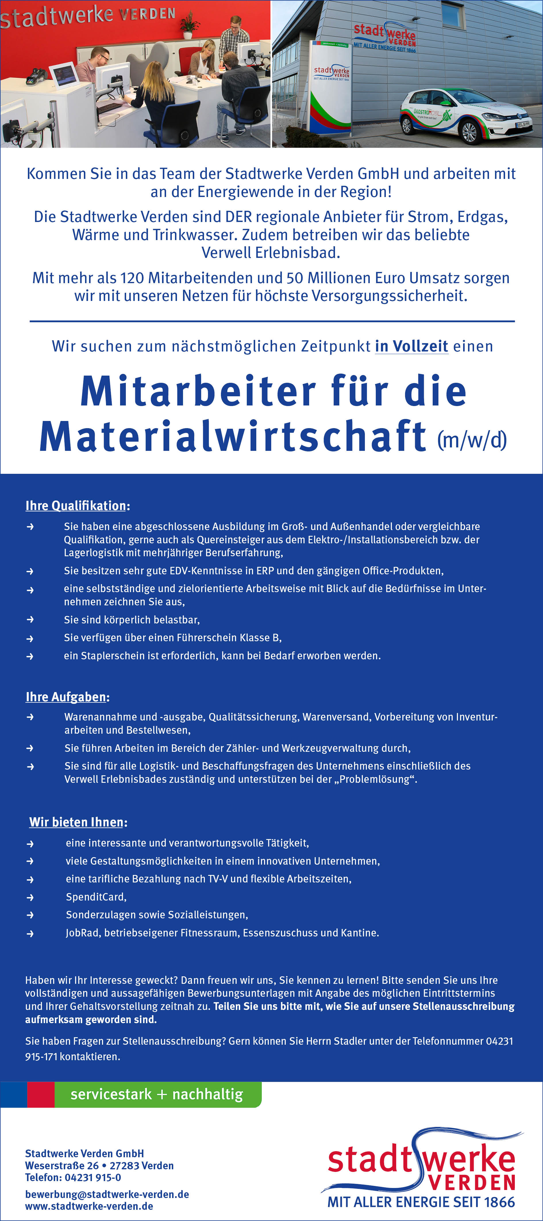 Stadtwerke Verden Stellenanzeige Mitarbeiter für das Lager April 2025