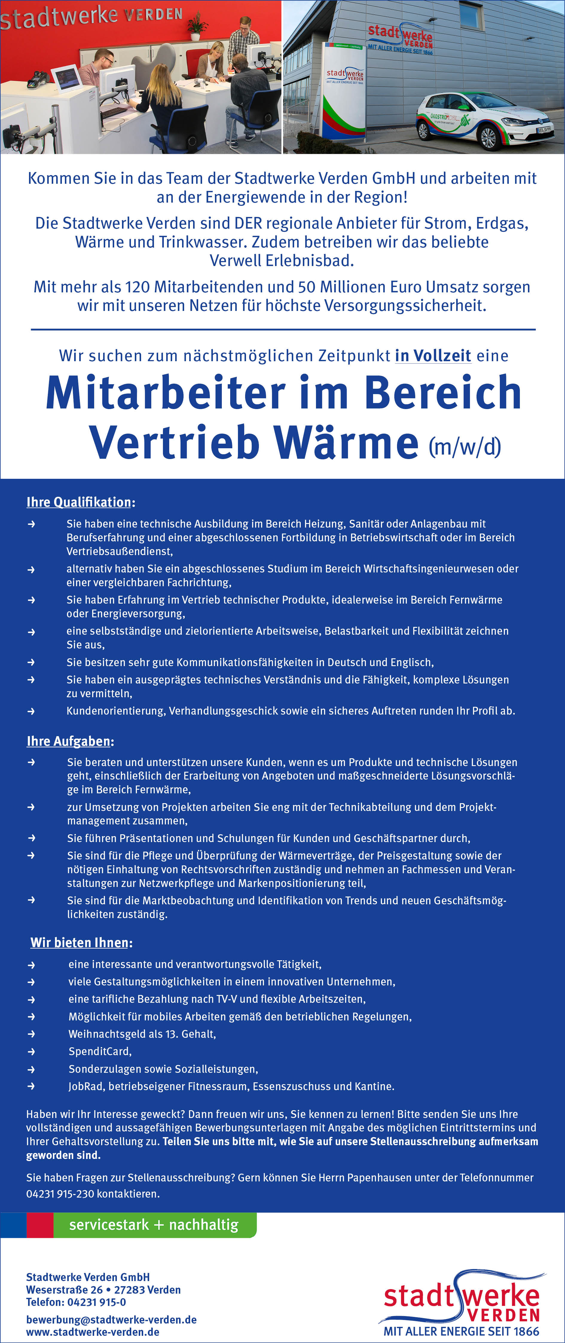 Stadtwerke Verden Stellenanzeige Mitarbeiter im Bereich Vertrieb Wärme April 2025