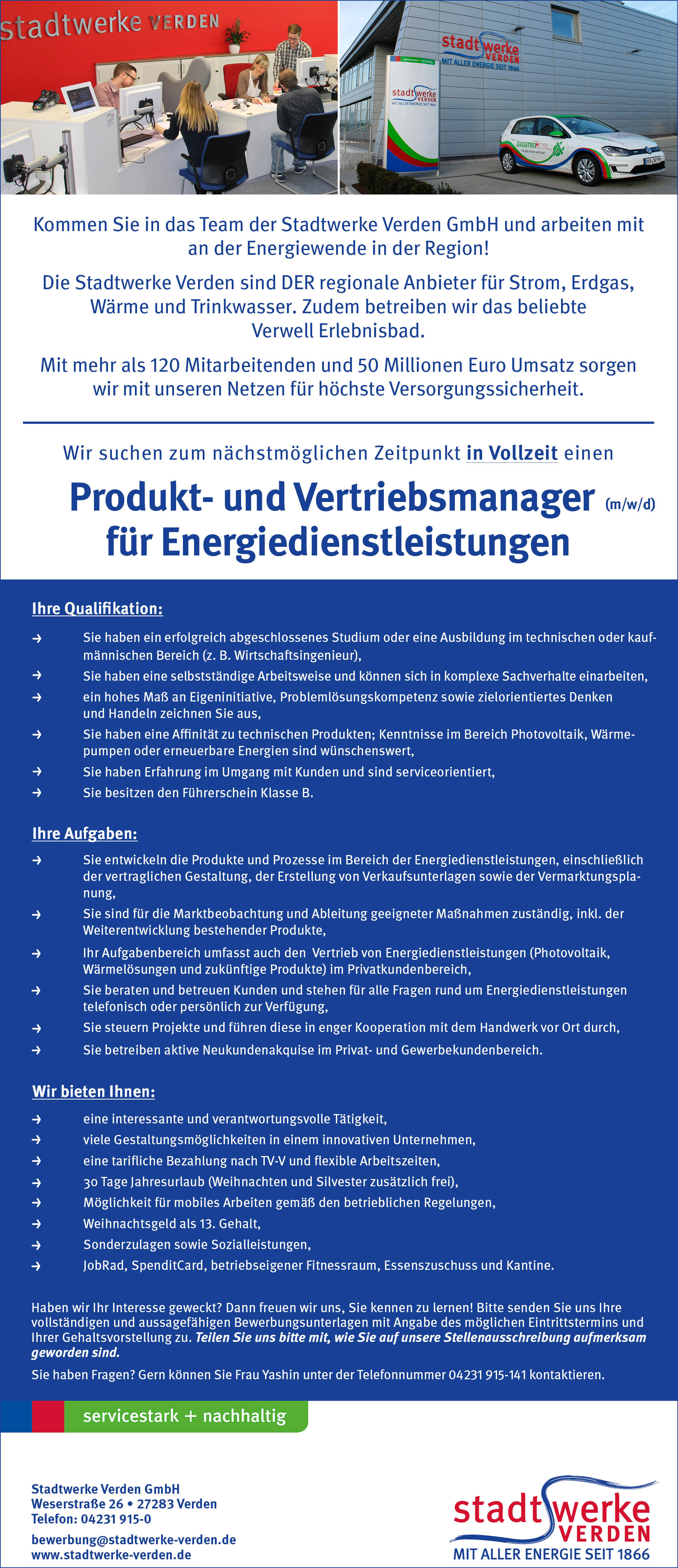 Stadtwerke Verden Stellenanzeige Produktmanager Vertriebsmanager für Energiedienstleistungen Februar 2025NEU