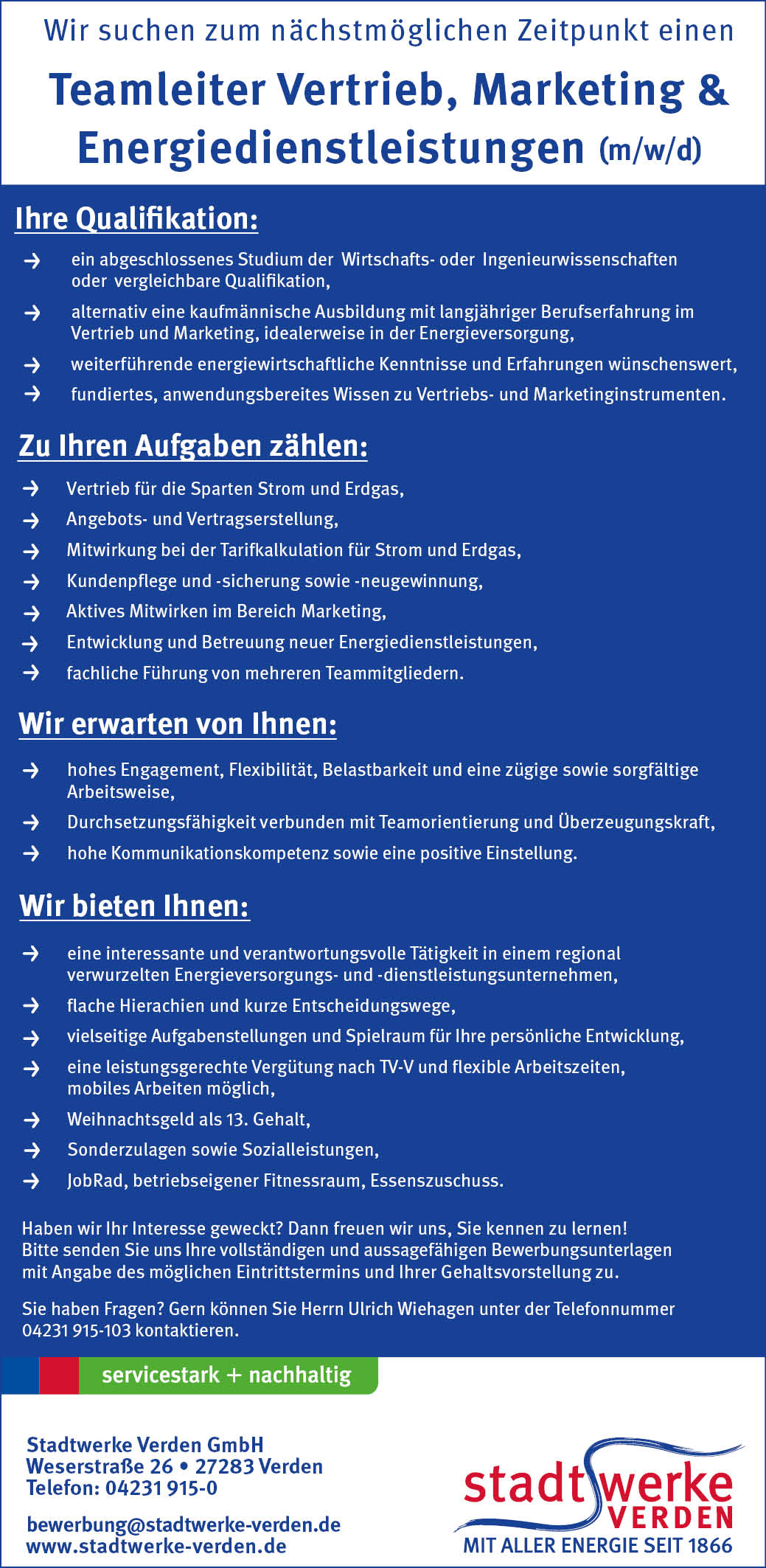 Stadtwerke Verden Stellenanzeige Teamleiter Vertrieb Marketing Energiedienstleistungen Mai 2023