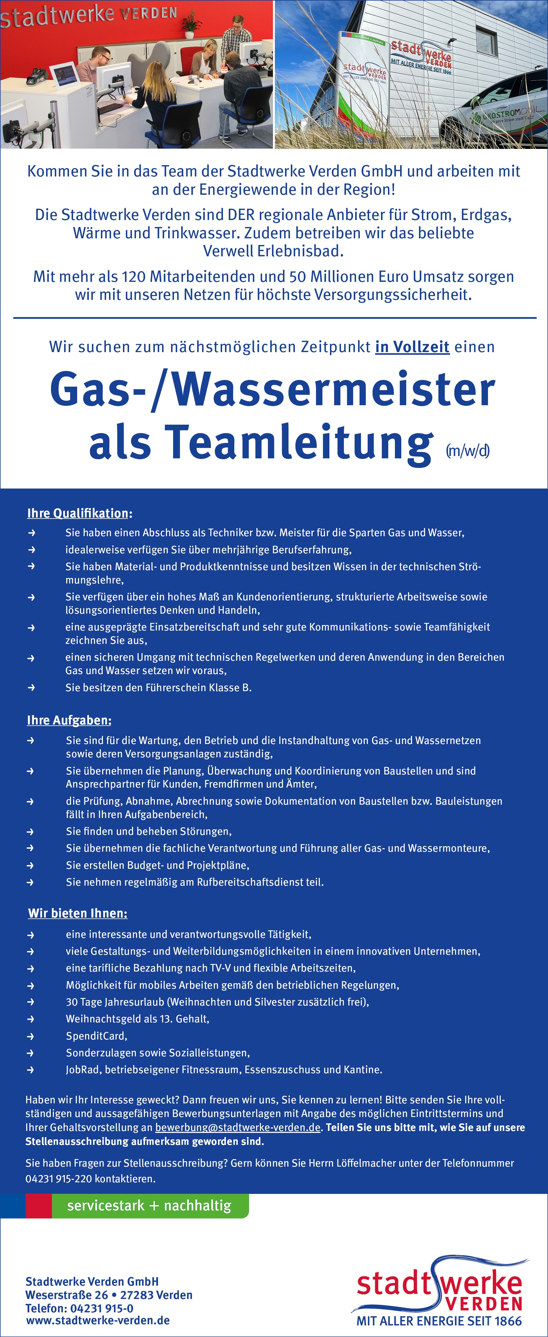 Stadtwerke Verden Stellenanzeige Teamleitung Gas Wassermeister Juli 2025