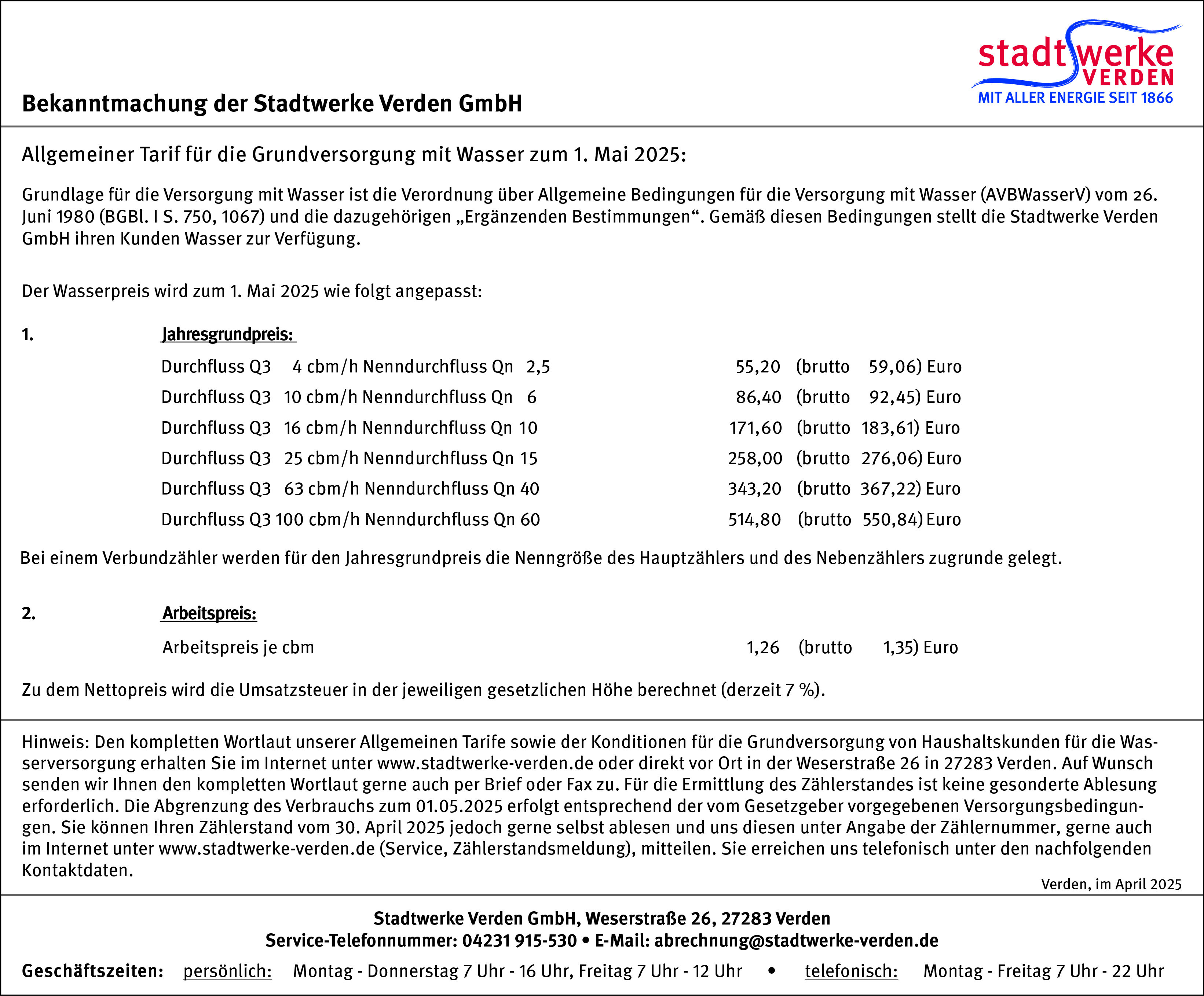 Stadtwerke Verden Wasserpreiserhöhung zum 01.05.25 farbig